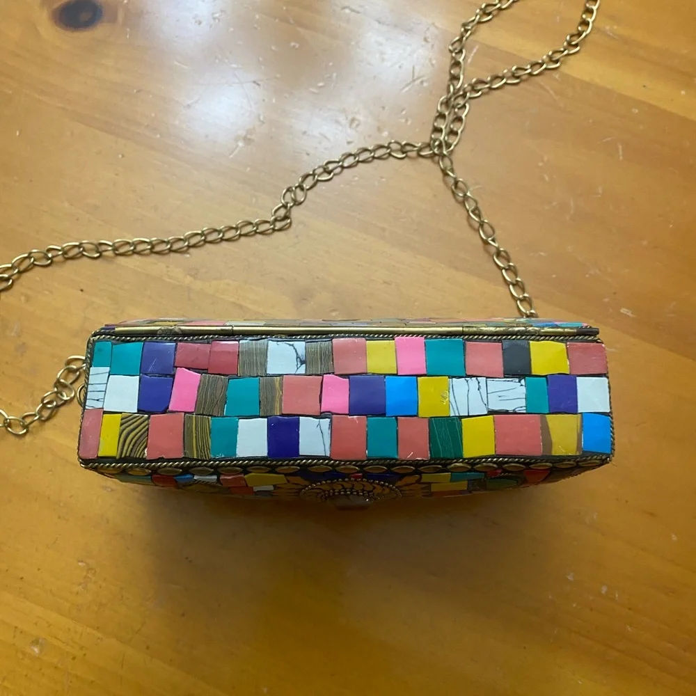 Clutch Crossbody Handcrafted Mosaic Stone Tiles Bag Chain Ornate Metal ANTIQUE - Picture 11 of 15